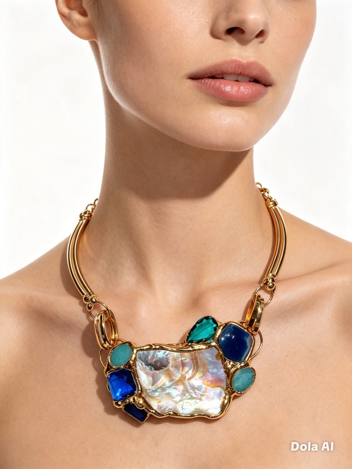 Collar Abalón Celeste - collar artesanal de latón bañado en oro con piedra natural, pieza única hecha a mano