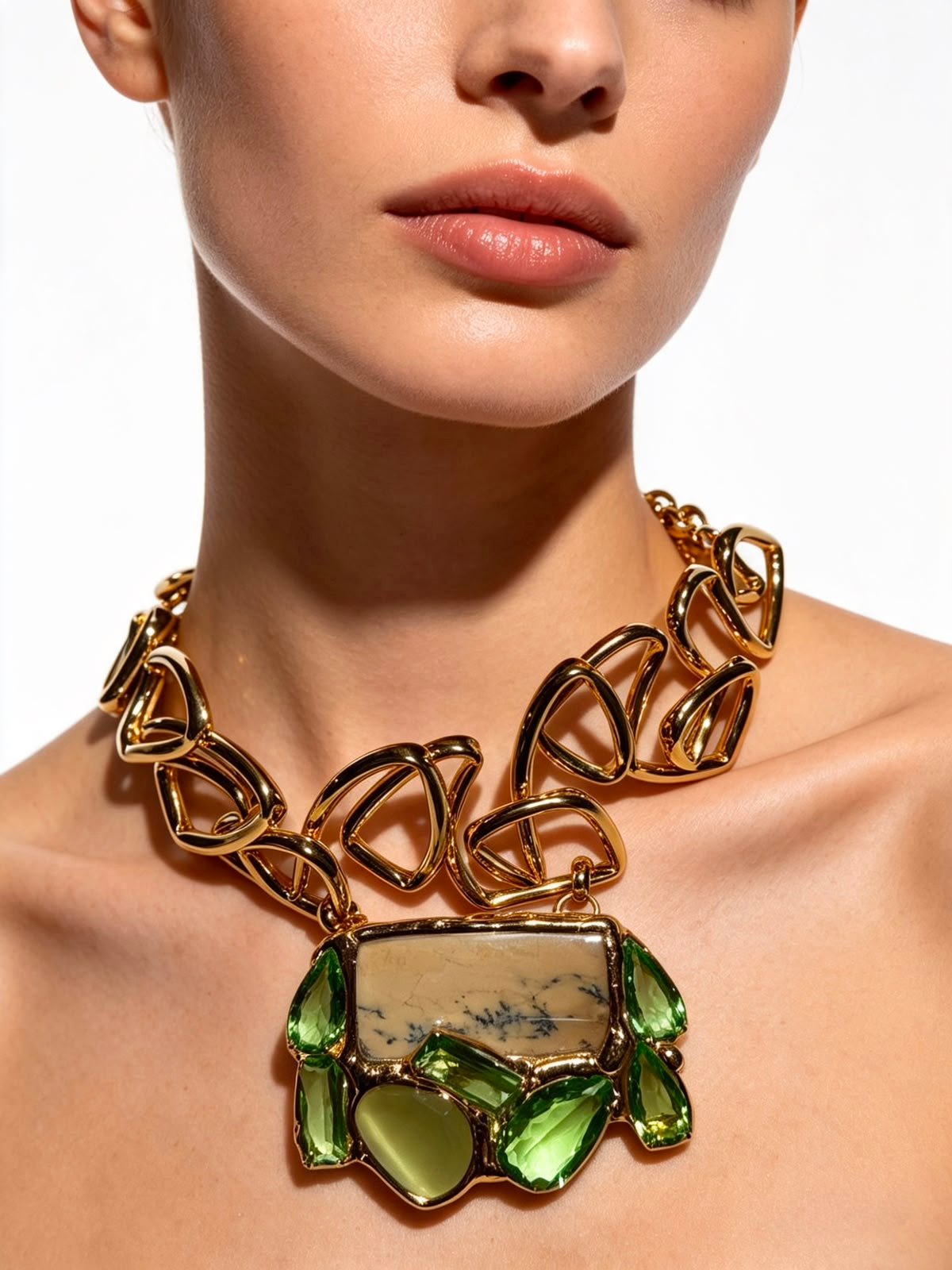 Collar Olivo Dendrita - collar artesanal de latón bañado en oro con piedra natural, pieza única hecha a mano